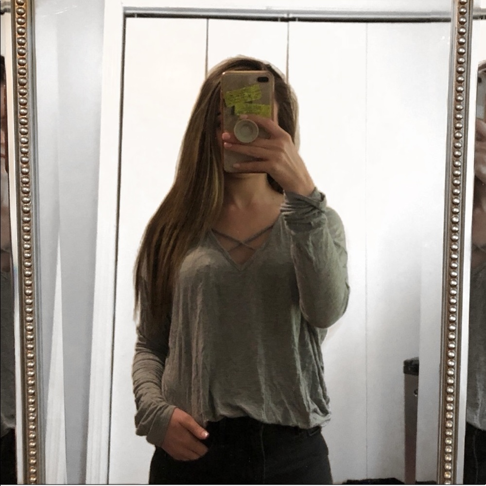 Gray Francesca’s Long-sleeve criss-cross top